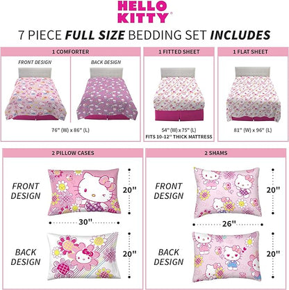 Franco Kids Bedding Super Soft Comforter and Sheet Set with Sham, 7 Piece Full Size, Hello Kitty