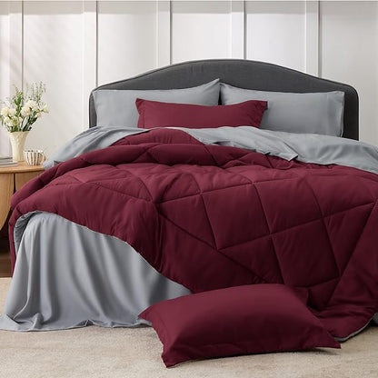 Bedsure Burgundy Full Size Comforter Set - 7 Pieces Reversible Full Bed in a Bag Full Bed Set with Comforters, Sheets, Pillowcases & Shams, Full Bedding Sets