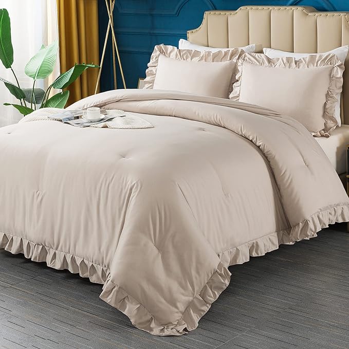 Andency Khaki Comforter King Size(104x90Inch), 3 Pieces Farmhouse Shabby Chic Bedding Comforters & Sets, All Season Soft Lightweight Down Alternative Bed Set for Men Women
