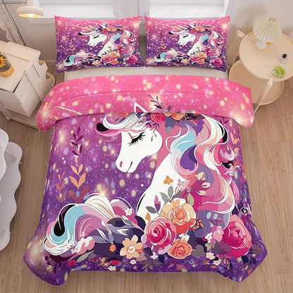 Tailor Shop Unicorn Bedding Full Size 5 Pieces Unicorn Comforter Bed in a Bag for Girls/Kids Pink Comforter Set for Kids Girls Unicorn Sheets Room Decor……