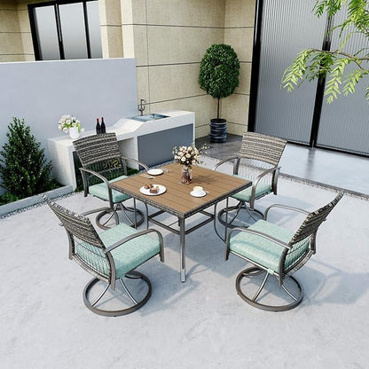 Pamapic 5 Piece Patio Dining Set for 4,Wicker Outdoor Furniture Set for Backyard Garden Deck Poolside with Square Plastic-Wood Table Top,4 Cushions Swivel Rocker Chairs,Removable Cushions(Green)