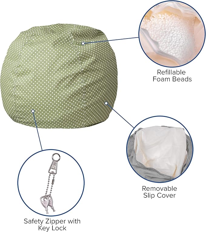 Flash Furniture Dillon Small Bean Bag Chair for Kids and Teens, Foam-Filled Beanbag Chair with Machine Washable Cover, Green Polka Dot