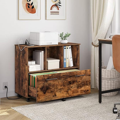 HOOBRO File Cabinet, Mobile Lateral Filing Cabinet with Charging Station, Wooden Printer Stand with Open Storage Shelf, for Home Office, Small Spaces, A4/Letter Size, Rustic Brown FG22UWJ01