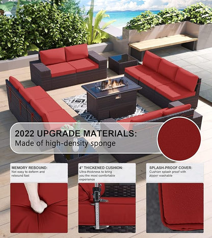 Kullavik 13 Pieces Outdoor Patio Furniture Set with 43" 55000BTU Gas Propane Fire Pit Table PE Wicker Rattan Sectional Sofa Patio Conversation Sets,Red
