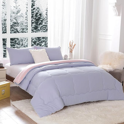 COTTEBED Reversible Ultra-Soft Warm King Size Comforter Set, California Cal King Down Comforter Cozy Fully Breathable Bedding 1 Down Alternative Quilt and 2 Pillowsham Winter Pink and Purple
