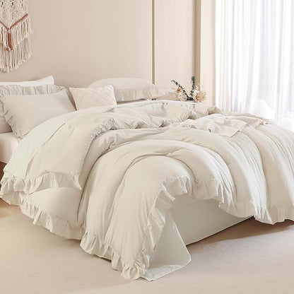 Andency Beige Cream California King Size Comforter Set, 3 Pieces Shabby Chic Ruffle Bedding Comforter Sets for Men Women, Soft Cozy Lightweight Fluffy Down Alternative Decorative Bed Set