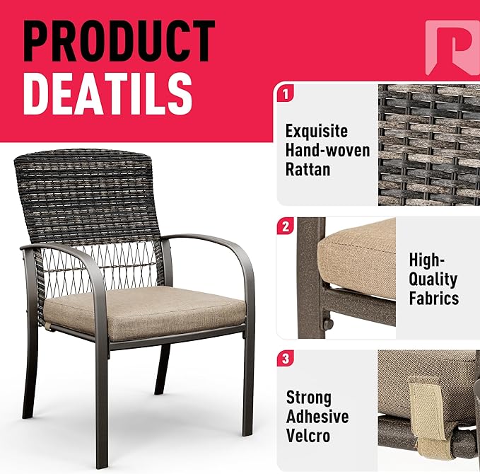 Pamapic 7 Piece Outdoor Dining Set, Rattan Outdoor Patio Furniture Set for Backyard with Iron Outdoor Dining Table, 4 Swivel Deck Chairs, 2 Wicker Chairs and Removable Cushions (Beige)