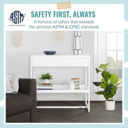 Arlo Changing Table in White, Made of Solid New Zealand Pinewood, Non-Toxic Finish, Comes with Water Resistant Mattress Pad & Safety Strap