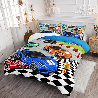 Axolotl Racing Car Bedding Set Full,Cool Speed Race Car Down Comforter for Kids Boys Girls Teens,Racing Car Comforter Set Car Theme with Three Cars Arrive at Finish,1 Comforter and 2 Pillowcases
