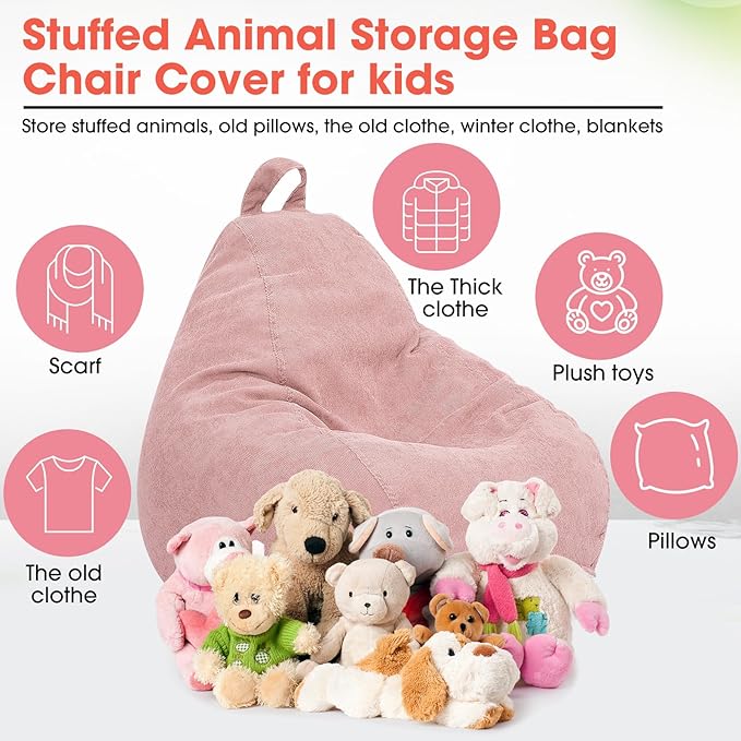 2 Pcs 100L Stuffed Animal Storage Bean Bag Chair Cover (No Filler) for Kids Soft Corduroy Stuffable Bean Bag Zipper for Organizing Children Plush Toys(Pink)