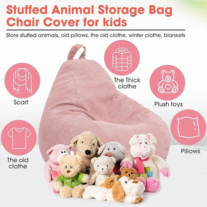 2 Pcs 100L Stuffed Animal Storage Bean Bag Chair Cover (No Filler) for Kids Soft Corduroy Stuffable Bean Bag Zipper for Organizing Children Plush Toys(Pink)