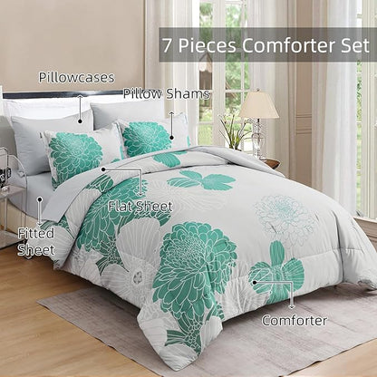 Yiran Grey Aqua Floral Queen Comforter Set Bed in a Bag Soft Microfiber Comforter Bedding Set 90"×90",7 Pieces (1 Comforter,2 Pillowcases,2 Pillow Shams,1 Flat Sheet,1 Fitted Sheet)
