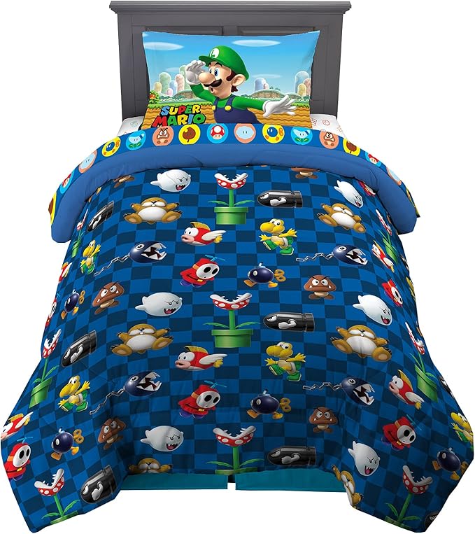 Franco Kids Bedding Super Soft Comforter and Sheet Set, 4 Piece Twin Size, Mario