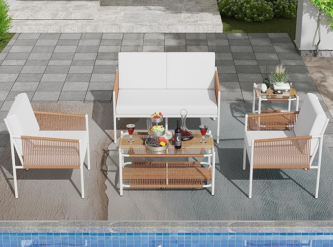 Shintenchi 5 Piece Wicker Outdoor Patio Furniture Set, White Metal Sofa Conversation Set, including Loveseat, Two Single Chairs and Two Coffee Tables for Backyard, Patio, Balcony, Poolside