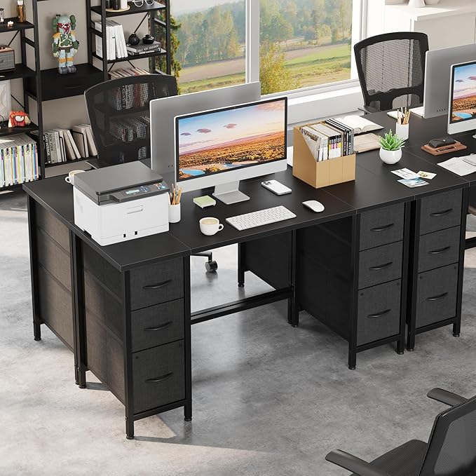 55'' Office Desk with 6 Fabric File Drawers - File Drawer Organization, Computer Work Desk, Study Writing Table, Home Office Workstation, Black.