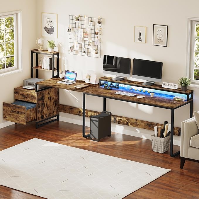 YITAHOME L Shaped Desk with Power Outlets & Hutch, Computer Desk with Drawers & LED Lights, Reversible Corner Office Desk with Printer Stand for Home Office, Rustic Brown