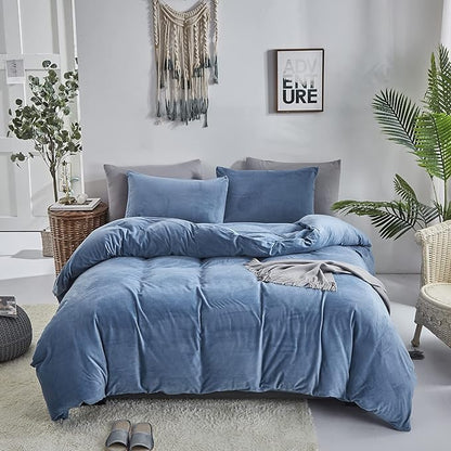 Wellboo Blue Velvet Comforters King Size Women Men Solid Lake Blue Fluffy Bedding Cotton Modern Plain Haze Blue Flannel Quilts Warm Winter Micromink Sherpa Blankets Aesthetic Plush Luxury Dorm Bed