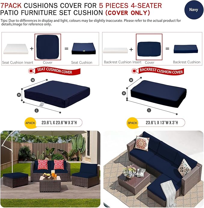 ClawsCover 7Pack Outdoor Patio Seat and Back Cushions Replacement Covers Fit for 3/5 Pieces 4-Seater Wicker Rattan Furniture Conversation Set Sectional Couch,Navy-Small (Include Cover Only)