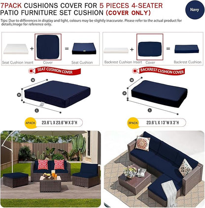 ClawsCover 7Pack Outdoor Patio Seat and Back Cushions Replacement Covers Fit for 3/5 Pieces 4-Seater Wicker Rattan Furniture Conversation Set Sectional Couch,Navy-Small (Include Cover Only)
