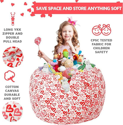 Wekapo Stuffed Animal Storage Bean Bag Chair Cover for Kids | Stuffable Zipper Beanbag for Organizing Children Plush Toys Large Premium Cotton Canvas (Heart, XX-Large)
