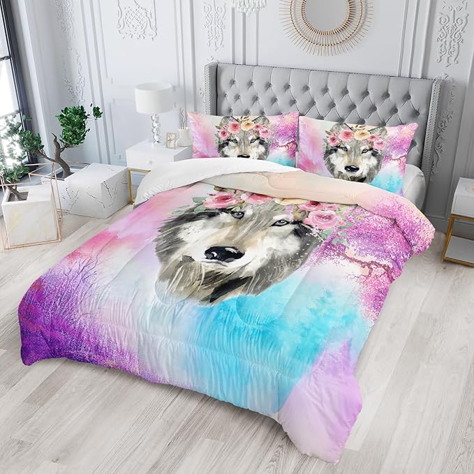 Wolf Comforter Set Tie Dye Wolf Bedding Set for Kids Teens Room Decor Romantic Pink Rose Wild Animals Comforter with 2 Pillowcases