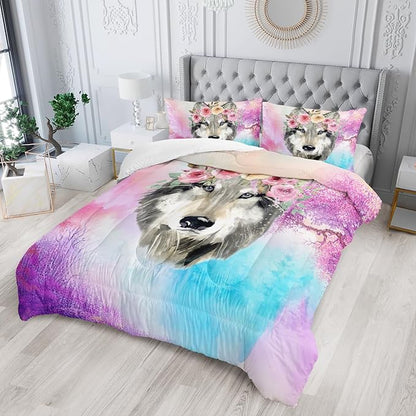Wolf Comforter Set Tie Dye Wolf Bedding Set for Kids Teens Room Decor Romantic Pink Rose Wild Animals Comforter with 2 Pillowcases