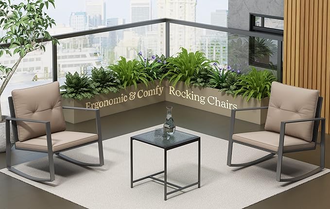 3 Piece Rocking Bistro Set - Synthetic Wicker Outdoor Furniture - Glass Coffee Table with 2 Chairs for Balcony, Patio & Porch - Black Metal, Soft Cushions (Coffee)