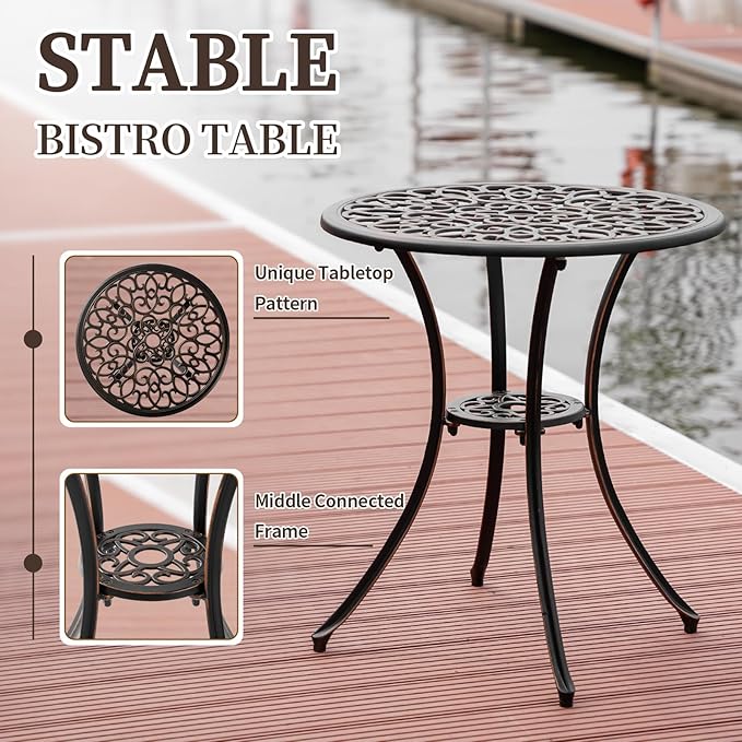 3 Piece Outdoor Bistro Set, Cast Aluminum Bistro Table and Chairs Set, Weather Resistant Patio Metal Bistro Sets, Patio Table Set with Umbrella Hole for Balcony Backyard Garden