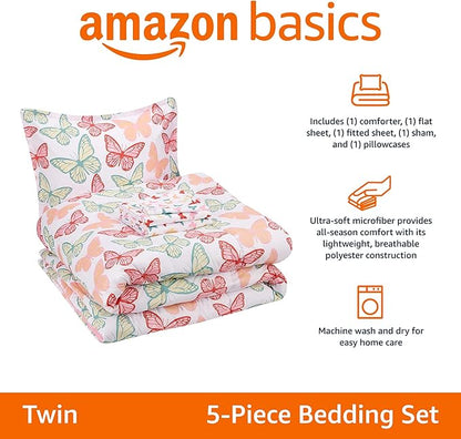 Amazon Basics Kid's Easy Care Microfiber Bed-in-a-Bag 5-Piece Bedding Set, Twin, Butterfly Friends