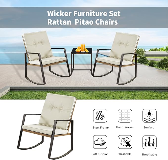 3 Pieces Rocking Bistro Set Outdoor Wicker Patio Furniture Conversation Coffee Table,Washable Cushion for Porch,balcony,Garden,Backyard,Poolside(Beige)