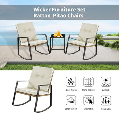 3 Pieces Rocking Bistro Set Outdoor Wicker Patio Furniture Conversation Coffee Table,Washable Cushion for Porch,balcony,Garden,Backyard,Poolside(Beige)