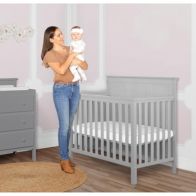 Ava 4-in-1 Convertible Mini Crib in Pebble Grey, 635-PG, Greenguard Gold Certified, Non-Toxic Finish, Comes with 1" Mattress Pad, with 3 Mattress Height Settings