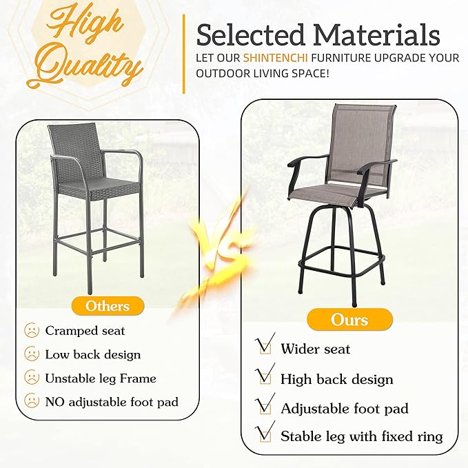 Shintenchi 2 Piece Patio Swivel Bar Stools, Outdoor Height Bar Patio Stools& Bar Chairs Set of 2 with High Back, All-Weather Textile Outdoor High Top Bistro Chairs for Yard,Balcony,Deck