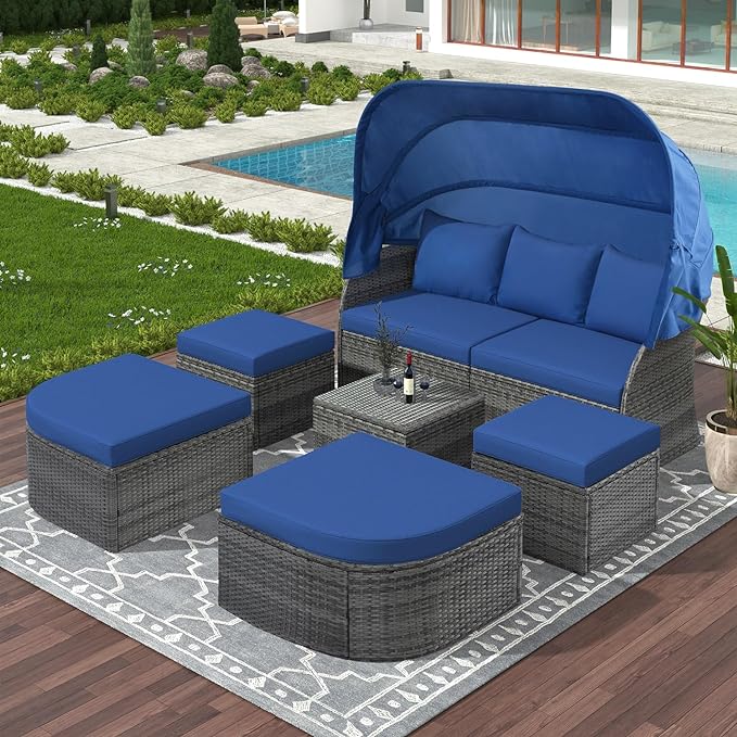 Rectangle Furniture Daybed Sunbed with Retractable Canopy, Outdoor Wicker Conversation Set with Cushions for Patio, Backyard, Porch, Garden, Onesize, Bb-Blue