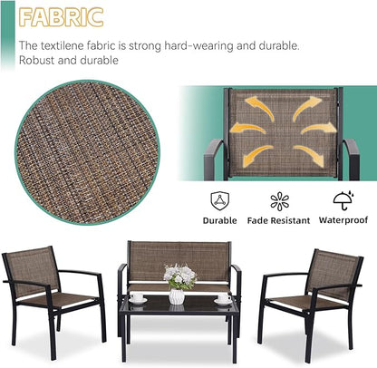 4 Pieces Patio Furniture Set Outdoor Garden Patio Conversation Sets Poolside Lawn Chairs with Tempered Glass Coffee Table Loveseat Porch Furniture Textilene Fabric Yellow