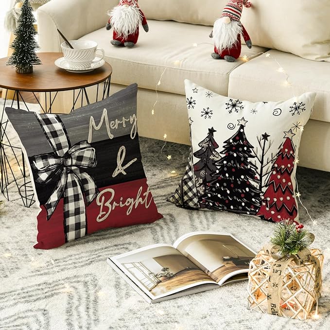 AVOIN colorlife Merry Christmas Joy Xmas Trees Red Throw Pillow Covers, 18 x 18 Inch Christmas Winter Holiday Cushion Case Decoration for Sofa Couch Set of 4
