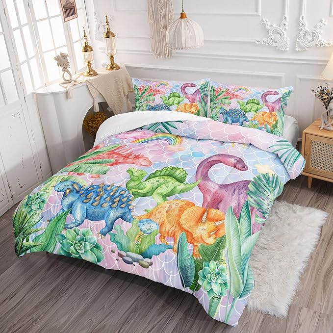 Datura home Kids Dinosaur Comforter Set for Girls Women,Cute Mermaid Scales and Rainbow Cloud Printed Pattern Kawaii Dinosaur Bedding Set with 2 Pillowcases(Dinosaur Rainbow Queen)