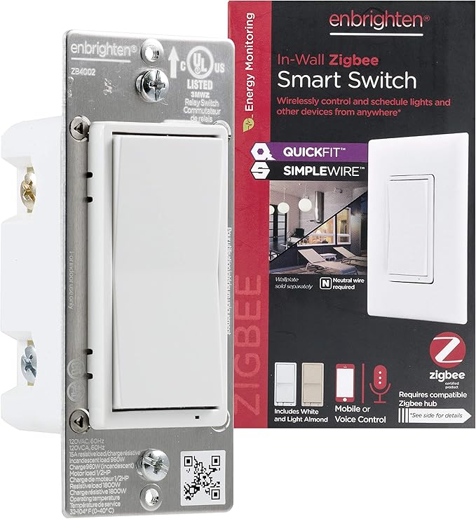 Enbrighten Zigbee Smart Light Switch, QuickFit & SimpleWire, Pairs Directly with Echo Show 10, Echo Studio, Eero Pro 6, Alexa & Google Assistant, Smart Light Switch, 43078