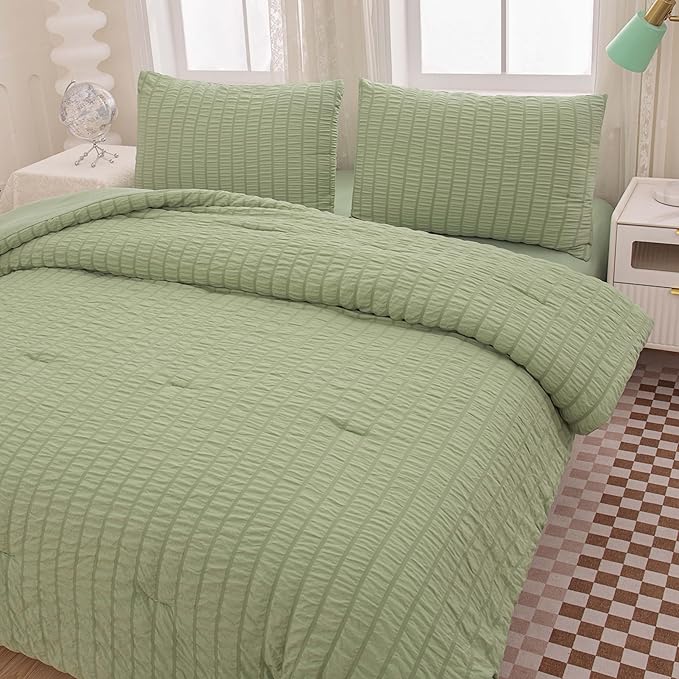5 Pcs Sage Green Comforter Sets Queen Size for Girls Women Kids, Boho Light Green Bedding Set Queen Size,Soft Lightweight Microfiber Bed Set for All Season