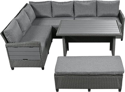 5 Piece Outdoor Furniture Patio Conversation with Dining Table&Bench, Sectional PE Wicker L-Shaped Sofa w/2 Extendable SideTable&Cushions&Washable Covers, Garden Rattan Couch, Gray