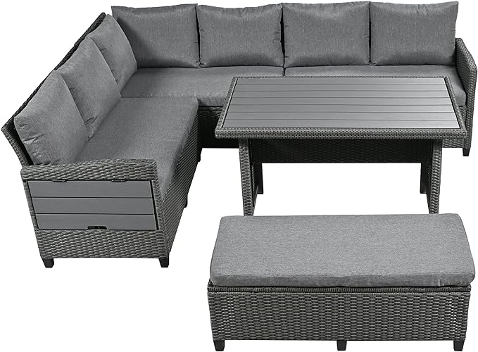 5-Piece Outdoor Patio Furniture Set with Dining Table&Bench, All-Weather PE Wicker Sofa w/2 Extendable SideTables&Cushions&Washable Covers, Rattan Conversation Couch for Backyard Yard, Gray