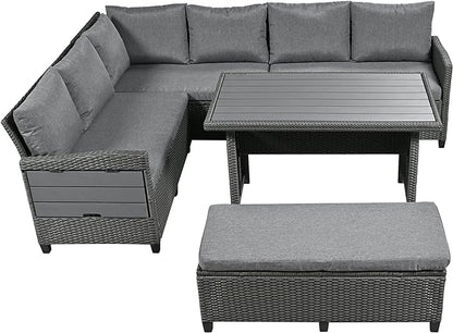 5-Piece Outdoor Patio Furniture Set with Dining Table&Bench, All-Weather PE Wicker Sofa w/2 Extendable SideTables&Cushions&Washable Covers, Rattan Conversation Couch for Backyard Yard, Gray