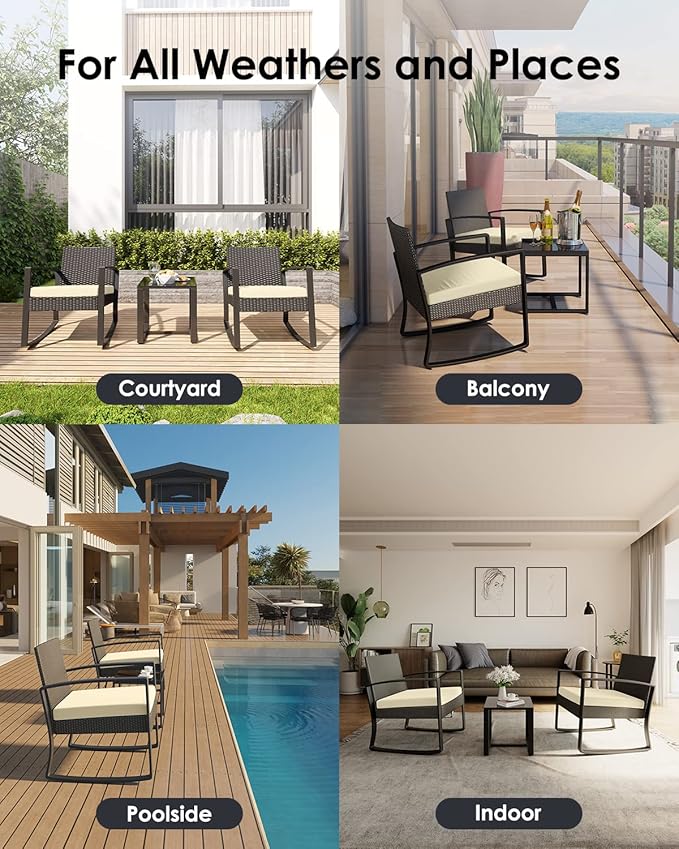 Patio Furniture Set Outdoor Wicker Bistro Set, Modern Rattan Patio Chairs Conversation Set with Coffee Table for Balcony Porch Garden Yard Poolside (3 Pieces, Beige)