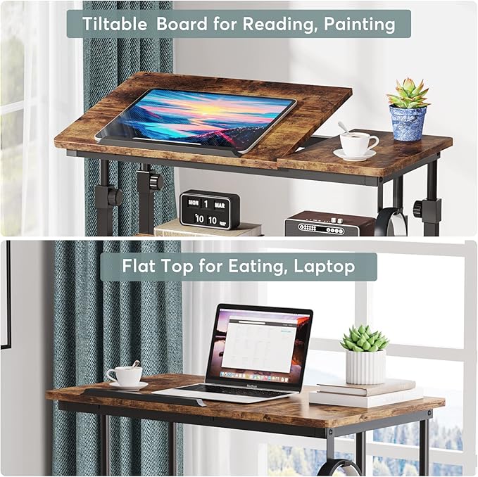 Small Portable Rolling Computer Desk Height Adjustable Standing Table, Brown