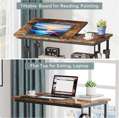 Small Portable Rolling Computer Desk Height Adjustable Standing Table, Brown