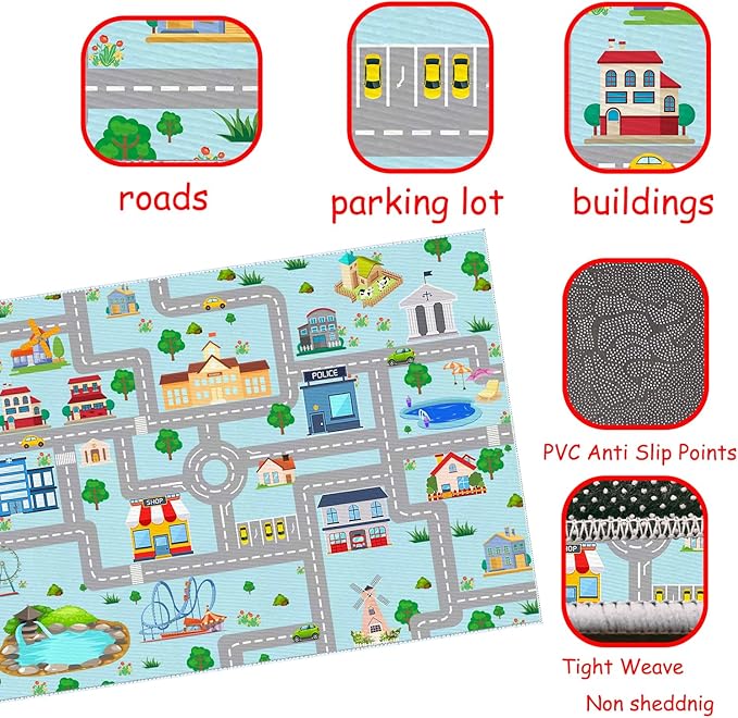 Kids Car Rug, 6x9 City Life Traffic Road Playmat for Toy Cars Trains, Non-Slip Race Track Carpet Educational Fun Area Rugs for Boy and Girl Bedroom Nursery
