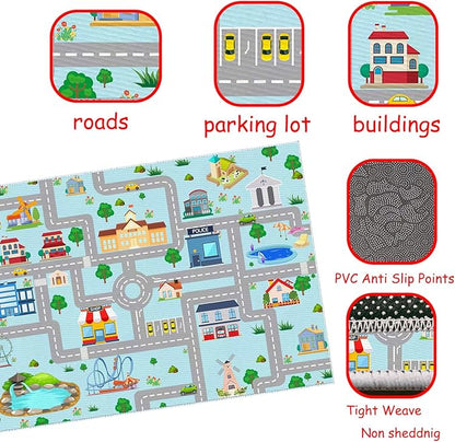 Kids Car Rug,4x6 City Life Traffic Road Playmat for Toy Cars Trains, Non-Slip Race Track Carpet Educational Fun Area Rugs for Boy and Girl Bedroom Nursery