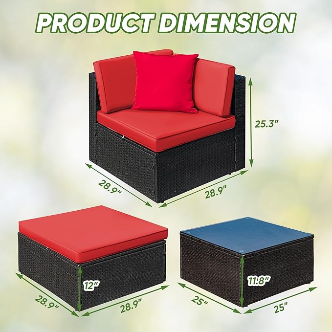 Greesum 3 Piece Patio Conversation Set Wicker Rattan Furniture Outdoor Sofa with Cushions,Pillows & Glass Table for Porch,Lawn and Yard, Red