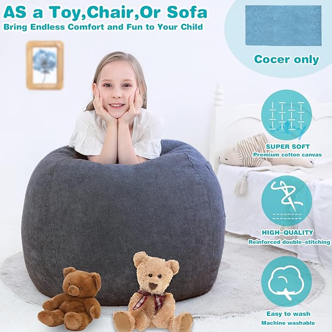 Stuffed Animal Storage Bean Bag Chair Cover (No Filler) for Kids and Adults.Soft Premium Corduroy Stuffable Beanbag for Organizing Children Plush Toys or Memory Foam Small 100L (Dark Grey)