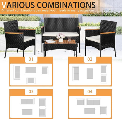 Shintenchi 4-Piece Patio Furniture Set, Outdoor Wicker Patio Conversation Furniture Set with Cushions and Wooden Tabletop for Paito Lawn Backyard, White Cushion